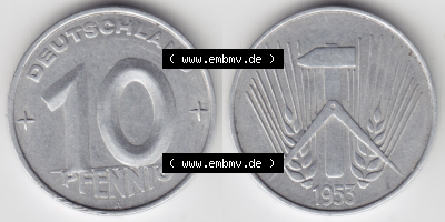 DDR Münze 1953, A 10 Pfennig - Münzen-Vorderseite und Rückseite mit Wappen auf einen Digitalen Bild, der Münze aus Deutschland... Sammlung
