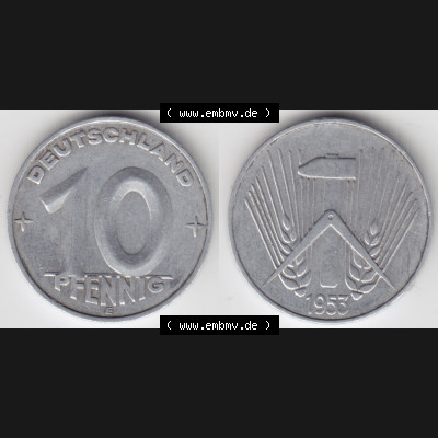 DDR Münze 1953, E 10 Pfennig - Münzen-Vorderseite und Rückseite mit Wappen auf einen Digitalen Bild, der Münze aus Deutschland der DDR, der Deutschen Demokratischen... Sammlung