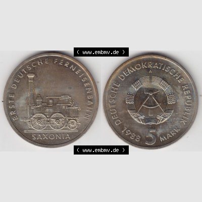 DDR Münze 1988, 5 Mark A Erste Deutsche Ferneisenbahn, SAXONIA - Münzen-Vorderseite und Rückseite mit Wappen auf einen Digitalen Bild, der Münze aus Deutschland der... Sammlung