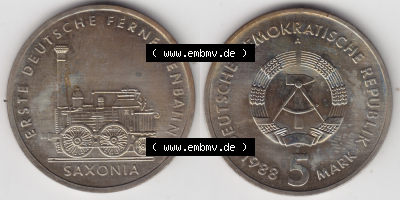 DDR Münze 1988, 5 Mark A Erste Deutsche Ferneisenbahn, SAXONIA - Münzen-Vorderseite und Rückseite mit Wappen auf einen Digitalen... Sammlung