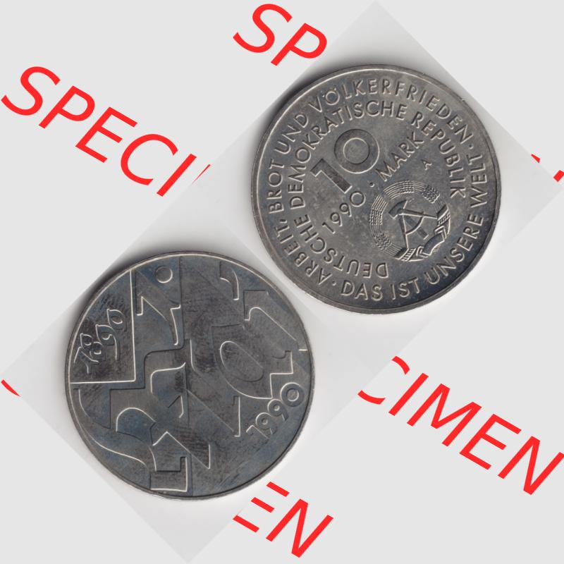 DDR Münze 1990, 10 Mark Gedenkmünze der DDR, A 100 Jahre 1. Mai - Münzen-Vorderseite und Rückseite mit Wappen auf einen Digitalen Bild, der Münze aus Deutschland... Sammlung