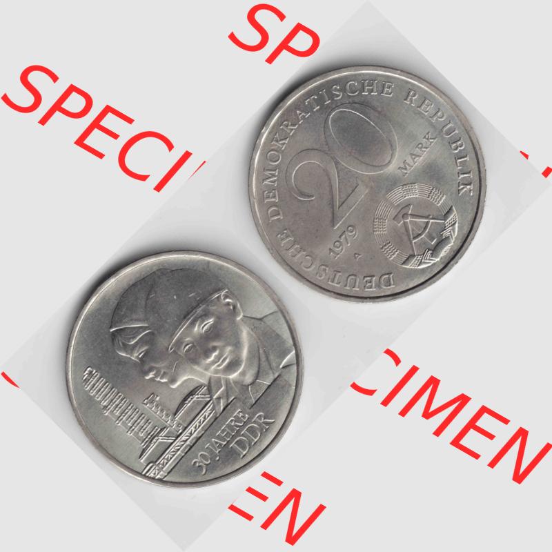 DDR Münze 1979, 20 Mark Gedenkmünze der DDR, 30 Jahre DDR - Münzen-Vorderseite und Rückseite mit Wappen auf einen Digitalen Bild, der Münze aus Deutschland der... Sammlung