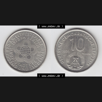 DDR Münze 1973, 10 Mark Gedenkmünze der DDR, X. Weltfestspiel der Jugend und Studenten in Berlin - Münzen-Vorderseite und Rückseite mit Wappen auf einen Digitalen... Sammlung