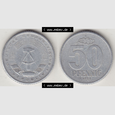 DDR Münze 1958-1990 Umlaufmünze / Kursmünze 1958-1990, A 50 Pfennig 1958-2 der DDR-Mark. Vorderseite und Rückseite horizontal rechts nebeneinander zusammengefügt,... Sammlung
