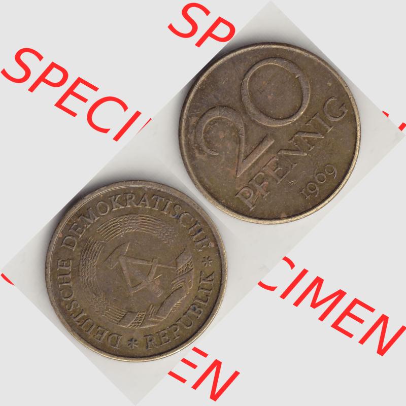DDR Münze 1969-1990 Umlaufmünze / Kursmünze 1969-1990, 20 Pfennig 1969-5, DDR-Telefonmünze. Vorderseite und Rückseite horizontal rechts nebeneinander zusammengefügt,... Sammlung