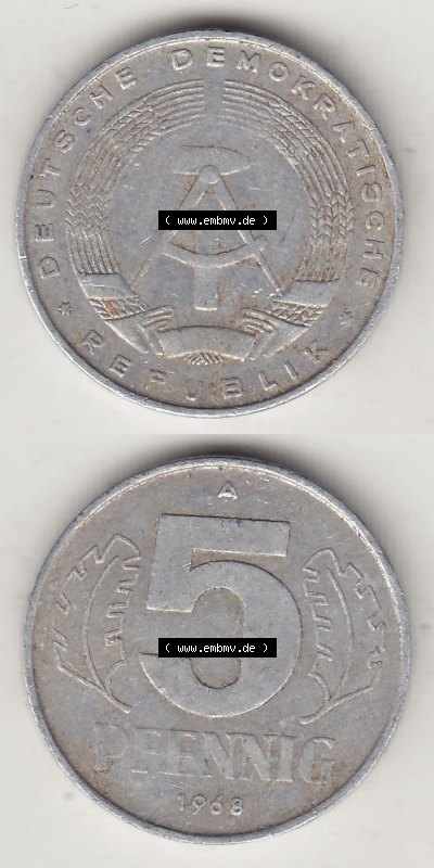 DDR Münze 1948-1990 Umlaufmünze / Kursmünze 1968-1990, A 5 Pfennig 1968 (Stück 3). Vorderseite und Rückseite vertikal untereinander... Sammlung