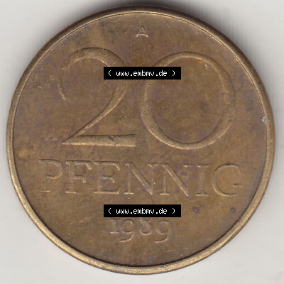 DDR Münze 1969-1990 Umlaufmünze / Kursmünze 1969-1990, 20 Pfennig 1989 (Stück 1), DDR-Telefonmünze. Rückseite mit Wertzahl... Sammlung