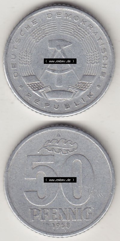 DDR Münze 1958-1990 Umlaufmünze / Kursmünze 1958-1990, A 50 Pfennig 1958 (Stück 2) der DDR-Mark. Vorderseite und Rückseite... Sammlung