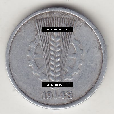 DDR Münze 1948-1990 Umlaufmünze / Kursmünze 1948-1950, A 5 Pfennig 1948-3. Vorderseite der 5 Pfennig Münze der DDR. Hier im online Katalog befinden sich 5 Pfennig-Stücke,... Sammlung