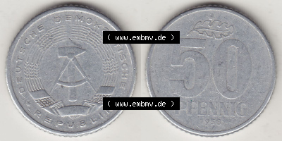 DDR Münze 1958-1990 Umlaufmünze / Kursmünze 1958-1990, A 50 Pfennig 1958 (Stück 3) der DDR-Mark. Vorderseite und Rückseite... Sammlung