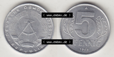 DDR Münze 1948-1990 Umlaufmünze / Kursmünze 1968-1990, A 5 Pfennig 1968 (Stück 6). Vorderseite und Rückseite horizontal rechts... Sammlung