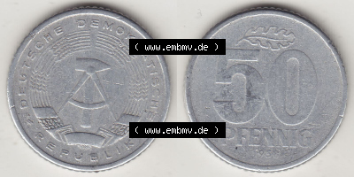 DDR Münze 1958-1990 Umlaufmünze / Kursmünze 1958-1990, A 50 Pfennig 1958 (Stück 1) der DDR-Mark. Vorderseite und Rückseite... Sammlung