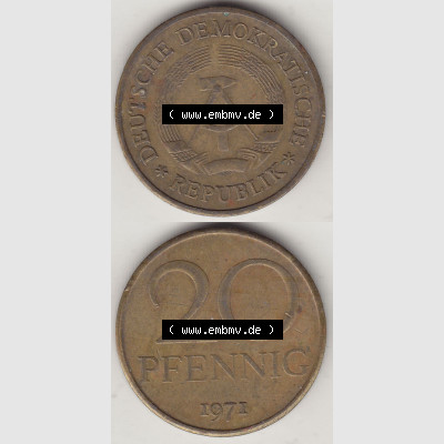 DDR Münze 1969-1990 Umlaufmünze / Kursmünze 1969-1990, 20 Pfennig 1971-2, DDR-Telefonmünze. Vorderseite und Rückseite vertikal untereinander zusammengefügt,... Sammlung