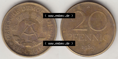DDR Münze 1969-1990 Umlaufmünze / Kursmünze 1969-1990, 20 Pfennig 1989 (Stück 1), DDR-Telefonmünze. Vorderseite und Rückseite... Sammlung