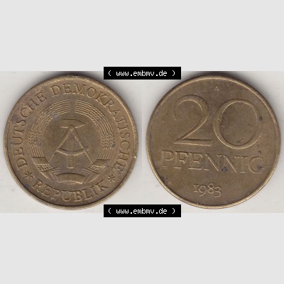 DDR Münze 1969-1990 Umlaufmünze / Kursmünze 1969-1990, 20 Pfennig 1983-1, DDR-Telefonmünze. Vorderseite und Rückseite horizontal rechts nebeneinander zusammengefügt,... Sammlung