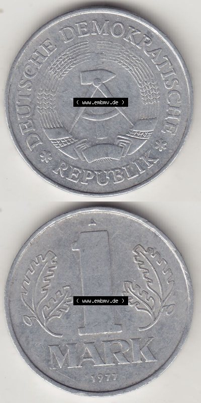 DDR Münze 1956-1990 Umlaufmünze / Kursmünze 1972-1990, A 1 Mark 1977 (Stück 4). Vorderseite und Rückseite vertikal untereinander... Sammlung