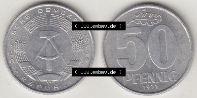 DDR Münze 1958-1990 Umlaufmünze / Kursmünze 1958-1990, A 50 Pfennig 1971 (Stück 2) der DDR-Mark. Vorderseite und Rückseite... Sammlung