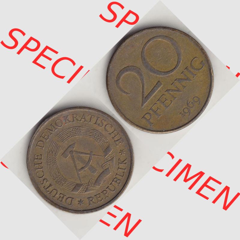 DDR Münze 1969-1990 Umlaufmünze / Kursmünze 1969-1990, 20 Pfennig 1969-6, DDR-Telefonmünze. Vorderseite und Rückseite horizontal rechts nebeneinander zusammengefügt,... Sammlung