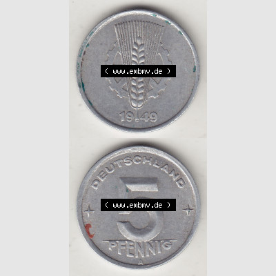 DDR Münze 1948-1990 Umlaufmünze / Kursmünze 1948-1950, A 5 Pfennig 1949-1. Vorderseite und Rückseite vertikal untereinander zusammengefügt, der 5 Pfennig... Sammlung