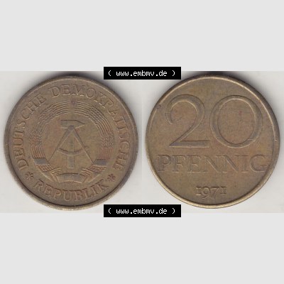 DDR Münze 1969-1990 Umlaufmünze / Kursmünze 1969-1990, 20 Pfennig 1971-1, DDR-Telefonmünze. Vorderseite und Rückseite horizontal rechts nebeneinander zusammengefügt,... Sammlung