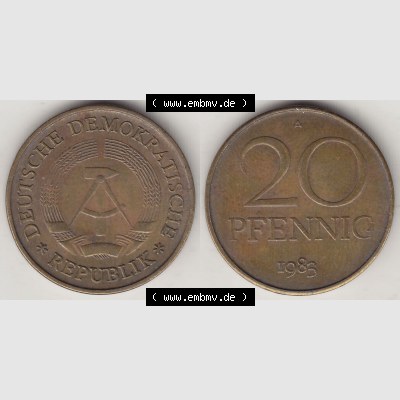 DDR Münze 1969-1990 Umlaufmünze / Kursmünze 1969-1990, 20 Pfennig 1983-2, DDR-Telefonmünze. Vorderseite und Rückseite horizontal rechts nebeneinander zusammengefügt,... Sammlung