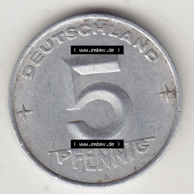 DDR Münze 1948-1990 Umlaufmünze / Kursmünze 1952-1953, A 5 Pfennig 1952-1. Rückseite der 5 Pfennig Münze der DDR. Hier im online Katalog befinden sich 5... Sammlung