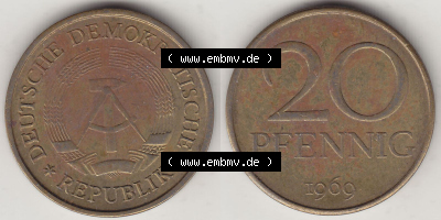 DDR Münze 1969-1990 Umlaufmünze / Kursmünze 1969-1990, 20 Pfennig 1969 (Stück 2), DDR-Telefonmünze. Vorderseite und Rückseite... Sammlung