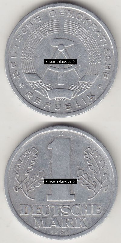 DDR Münze 1956-1990 Umlaufmünze / Kursmünze 1956-1963, A 1 Deutsche Mark 1956 (Stück 1). Vorderseite und Rückseite vertikal... Sammlung