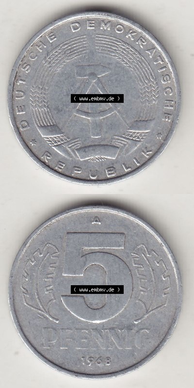 DDR Münze 1948-1990 Umlaufmünze / Kursmünze 1968-1990, A 5 Pfennig 1968 (Stück 1). Vorderseite und Rückseite vertikal untereinander... Sammlung