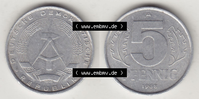 DDR Münze 1948-1990 Umlaufmünze / Kursmünze 1968-1990, A 5 Pfennig 1968 (Stück 4). Vorderseite und Rückseite horizontal rechts... Sammlung