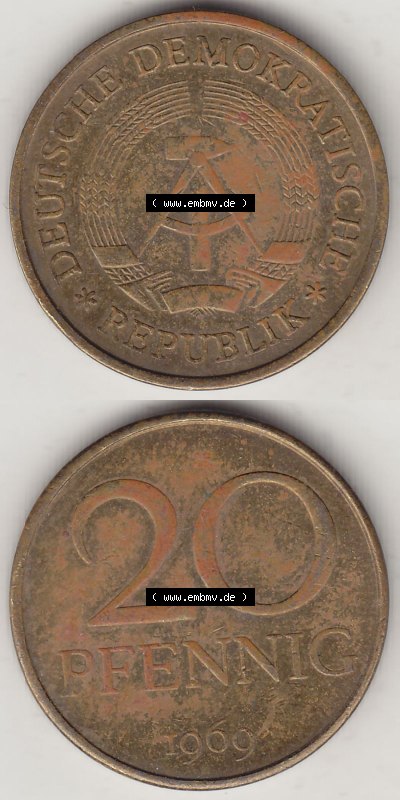 DDR Münze 1969-1990 Umlaufmünze / Kursmünze 1969-1990, 20 Pfennig 1969 (Stück 1), DDR-Telefonmünze. Vorderseite und Rückseite... Sammlung
