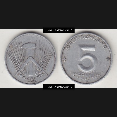 DDR Münze 1948-1990 Umlaufmünze / Kursmünze 1952-1953, A 5 Pfennig 1952-2. Vorderseite und Rückseite horizontal rechts nebeneinander zusammengefügt, der... Sammlung