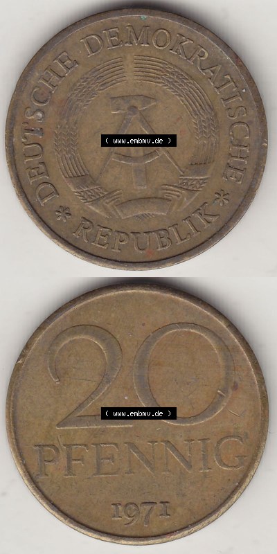 DDR Münze 1969-1990 Umlaufmünze / Kursmünze 1969-1990, 20 Pfennig 1971 (Stück 2), DDR-Telefonmünze. Vorderseite und Rückseite... Sammlung