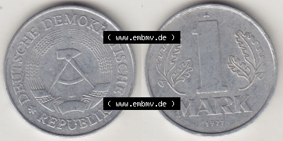 DDR Münze 1956-1990 Umlaufmünze / Kursmünze 1972-1990, A 1 Mark 1977 (Stück 4). Vorderseite und Rückseite horizontal rechts... Sammlung
