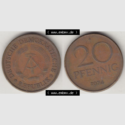 DDR Münze 1969-1990 Umlaufmünze / Kursmünze 1969-1990, 20 Pfennig 1974-1, DDR-Telefonmünze. Vorderseite und Rückseite horizontal rechts nebeneinander zusammengefügt,... Sammlung