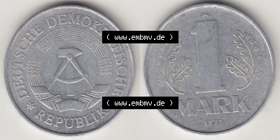 DDR Münze 1956-1990 Umlaufmünze / Kursmünze 1972-1990, A 1 Mark 1977 (Stück 5). Vorderseite und Rückseite horizontal rechts... Sammlung