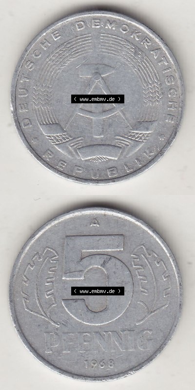 DDR Münze 1948-1990 Umlaufmünze / Kursmünze 1968-1990, A 5 Pfennig 1968 (Stück 2). Vorderseite und Rückseite vertikal untereinander... Sammlung