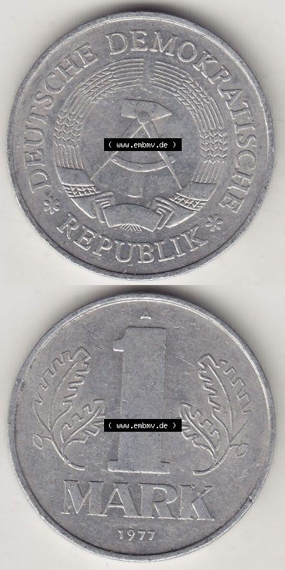 DDR Münze 1956-1990 Umlaufmünze / Kursmünze 1972-1990, A 1 Mark 1977 (Stück 1). Vorderseite und Rückseite vertikal untereinander... Sammlung