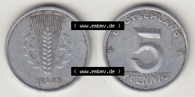 DDR Münze 1948-1990 Umlaufmünze / Kursmünze 1948-1950, A 5 Pfennig 1948 (Stück 3). Vorderseite und Rückseite horizontal rechts... Sammlung