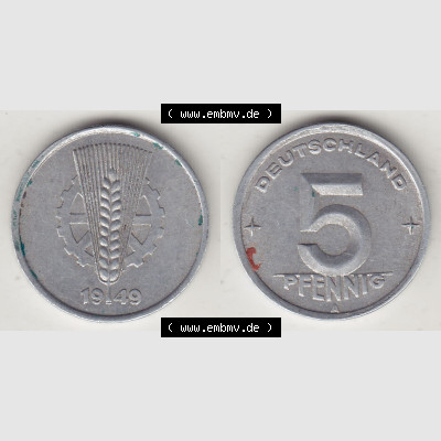 DDR Münze 1948-1990 Umlaufmünze / Kursmünze 1948-1950, A 5 Pfennig 1949-1. Vorderseite und Rückseite horizontal rechts nebeneinander zusammengefügt, der... Sammlung