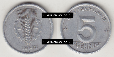 DDR Münze 1948-1990 Umlaufmünze / Kursmünze 1948-1950, A 5 Pfennig 1948 (Stück 1). Vorderseite und Rückseite horizontal rechts... Sammlung