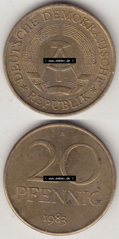 DDR Münze 1969-1990 Umlaufmünze / Kursmünze 1969-1990, 20 Pfennig 1983 (Stück 1), DDR-Telefonmünze. Vorderseite und Rückseite... Sammlung