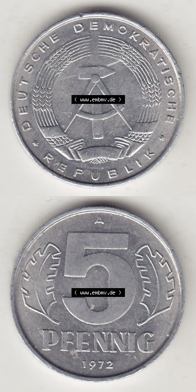 DDR Münze 1948-1990 Umlaufmünze / Kursmünze 1968-1990, A 5 Pfennig 1972 (Stück 1). Vorderseite und Rückseite vertikal untereinander... Sammlung