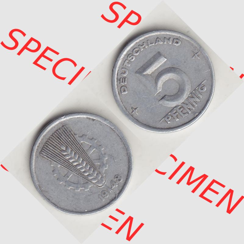 DDR Münze 1948-1990 Umlaufmünze / Kursmünze 1948-1950, A 5 Pfennig 1948-1. Vorderseite und Rückseite horizontal rechts nebeneinander zusammengefügt, der... Sammlung
