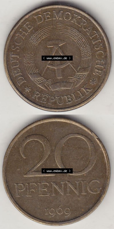 DDR Münze 1969-1990 Umlaufmünze / Kursmünze 1969-1990, 20 Pfennig 1969 (Stück 7), DDR-Telefonmünze. Vorderseite und Rückseite... Sammlung