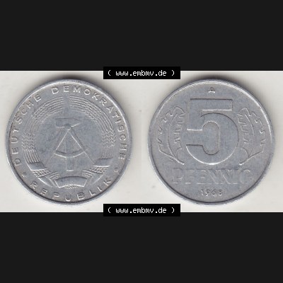 DDR Münze 1948-1990 Umlaufmünze / Kursmünze 1968-1990, A 5 Pfennig 1968-1. Vorderseite und Rückseite horizontal rechts nebeneinander zusammengefügt, der... Sammlung