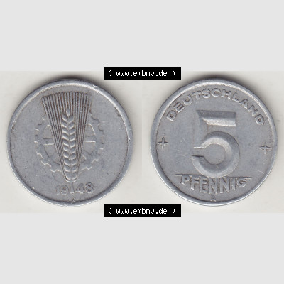 DDR Münze 1948-1990 Umlaufmünze / Kursmünze 1948-1950, A 5 Pfennig 1948-1. Vorderseite und Rückseite horizontal rechts nebeneinander zusammengefügt, der... Sammlung