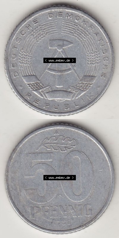 DDR Münze 1958-1990 Umlaufmünze / Kursmünze 1958-1990, A 50 Pfennig 1958 (Stück 4) der DDR-Mark. Vorderseite und Rückseite... Sammlung