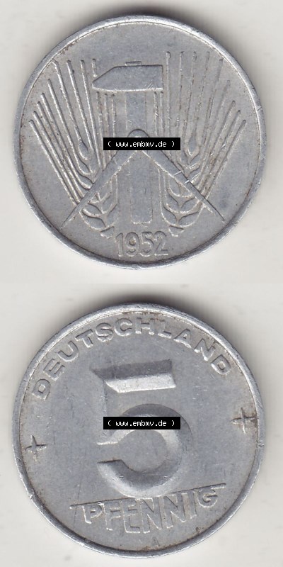 DDR Münze 1948-1990 Umlaufmünze / Kursmünze 1952-1953, A 5 Pfennig 1952 (Stück 1). Vorderseite und Rückseite vertikal untereinander... Sammlung
