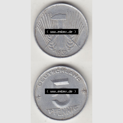 DDR Münze 1948-1990 Umlaufmünze / Kursmünze 1952-1953, A 5 Pfennig 1952-1. Vorderseite und Rückseite vertikal untereinander zusammengefügt, der 5 Pfennig... Sammlung